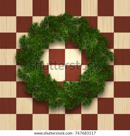 Green branch of spruce in the form of a Christmas wreath with shadow. against the background of a natural tree in a cage. A chess field. Vector illustration