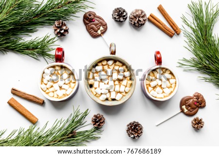 Dark coffee, hot chocolate with marshmallow,chocolate dogs, pine branches and cones, cinnamon and candy cane on a white background. Christmas, new year. 
