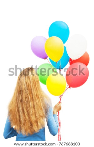girl with 9 colorful balloons isolated on white background
