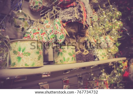 Christmas decorations for sale in a store, UK