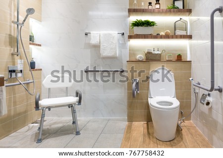 Interior of bathroom for the disabled or elderly people. Handrail for disabled and elderly people in the bathroom Royalty-Free Stock Photo #767758432