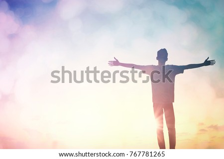 Positive health think wellbeing. young people reborn life praise cross spirit God on good easter concept Passion motiv happy self education mission freedom personality, Sun energy blur turquoise light Royalty-Free Stock Photo #767781265