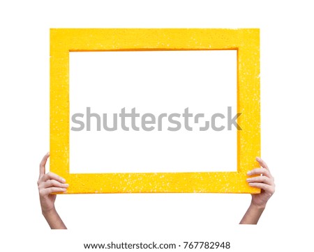 Yellow frame on woman hand isolated on white background