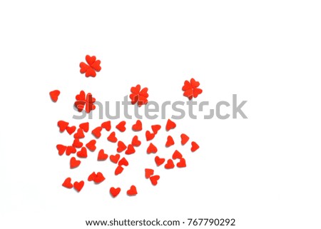 red paper hearts and Flower on a white background . Valentine day