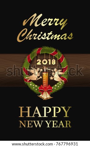 Christmas wreath 2018 with Christmas angels and jingle bells. Merry Christmas and Happy New Year. Vector illustration