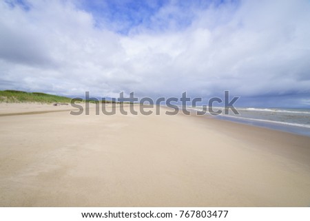 Sandy shore of the sea in the north of Sakhalin Island, Russia. Surrounding the Bay of Piltun.
