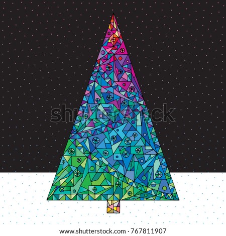 Christmas tree vector illustration. Hand drawn Happy New Year background. Winter holidays Xmas greeting card.