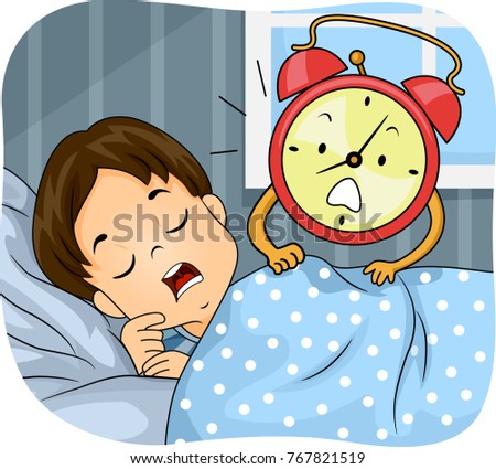Illustration of a Kid Boy Sleeping On His Bed Being Woken Up by an Alarm Clock