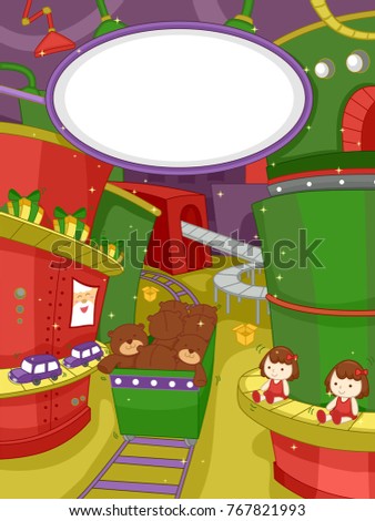 Illustration of a Christmas Factory Manufacturing Doll, Teddy Bear and Toy Car Gifts with Blank Signage