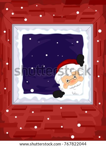 Illustration of Santa Claus Peeking Down From the Red Brick Chimney