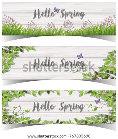 Hello Spring sign with flowers and butterfly illustration