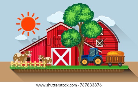 Farmyard with cows and blue tractor illustration