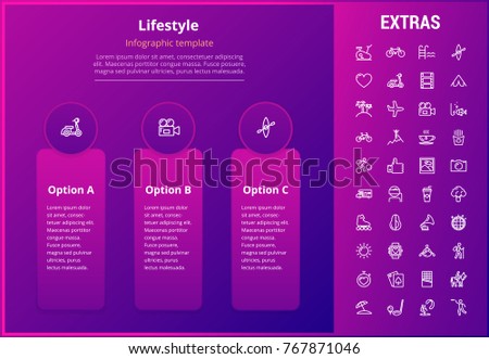 Lifestyle options infographic template, elements and icons. Infograph includes line icon set with healthy and fast food, sport exercise, training machine, leisure activities, transport vehicle etc.