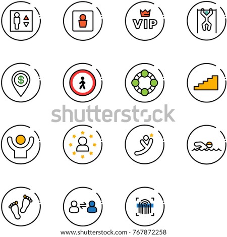 line vector icon set - elevator vector, male wc, vip, pull ups, dollar pin, no pedestrian road sign, friends, stairs, success, star man, flying, swimming, feet, information exchange