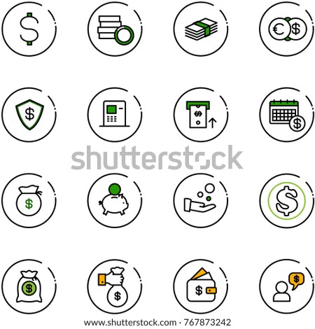 line vector icon set - dollar vector, coin, euro, safe, atm, calendar, money bag, piggy bank, cash pay, rich, finance management, dialog