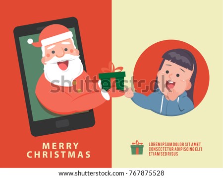 Santa delivers gifts on mobile with lovely girl - Christmas Social Technology - Vector-Illustration