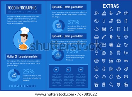 Food infographic template, elements and icons. Infograph includes customizable graphs, charts, line icon set with food ingredients, restaurant meal, fruit and vegetables, sweet snacks, fast food etc.