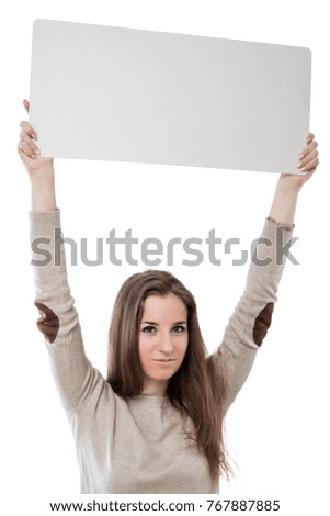 girl with a placard for writing on a white background isolated