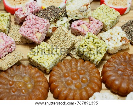 Korean traditional sweets and cookies, Yaksik, Gangjeong, puffed rice, candy,yugwa