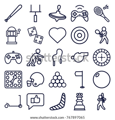 Set of 25 game outline icons such as kick scooter, whirligig, boomerang, hearts, roulette, slot machine, joystick, dice, biliard triangle, bowling ball, flag, target, thumb up