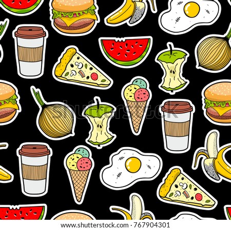 Endless background with icons of food. Vector illustrations on black background.