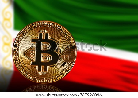 gold coin bitcoin on a background of a flag Chechen Republic