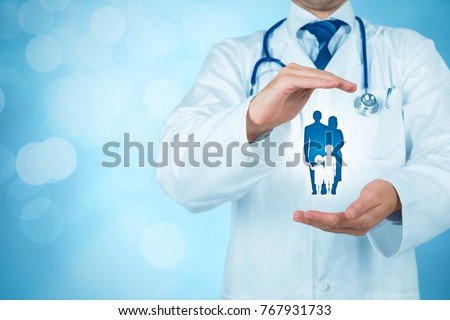 Health (medical) and life insurance for the whole family concept. Practitioner doctor with protective gesture and icon of family. Royalty-Free Stock Photo #767931733