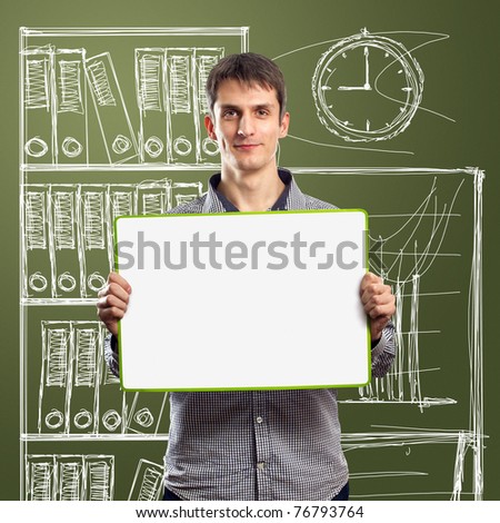 male with write board in his hands isolated against different backgrounds