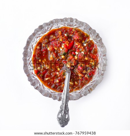 Traditional home-made sambal or can red hot chilles paste. sambal is one of malaysian cuisine from hot n spicy papper.