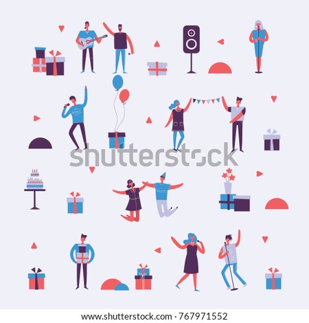 Vector background in a flat style of group of happy best friends celebrating birthday party