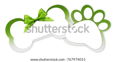 pets store gift card with bone and paw imprint shape green ribbon bow on white background blank template and copy space