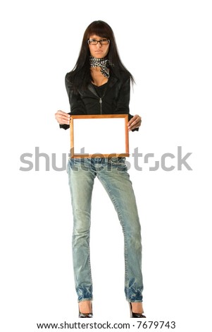 Woman with empty wooden frame demonstrating your message or picture