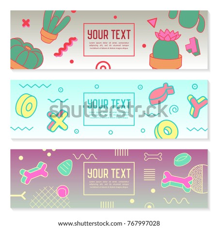 Abstract Memphis Style Horizontal Banners with Geometric Elements. Creative Hipster Modern Composition for Poster, Advertising Design. Vector illustration
