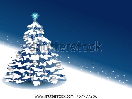 New Year blue background with place for text. Christmas tree with balls. EPS 10