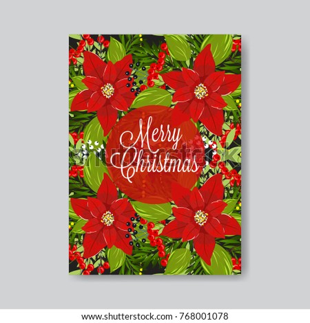 Red Poinsettia fir wteath berry Christmas Party invitation vector template
