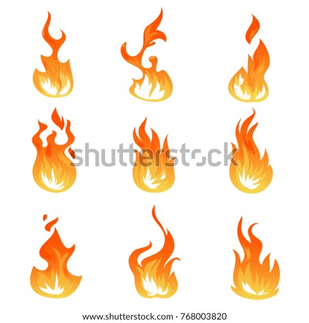 Cartoon fire flames vector set. Ignition light effect, flaming symbols. Hot flame energy, effect fire animation illustration