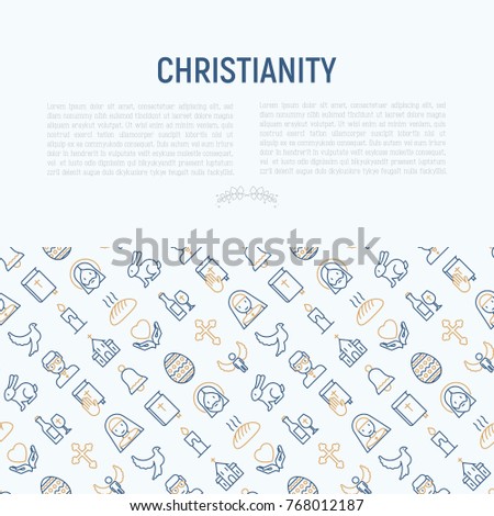 Christianity concept with thin line icons of priest, church, nun, crucifixion, Jesus, bible, dove. Vector illustration for banner, web page, print media.