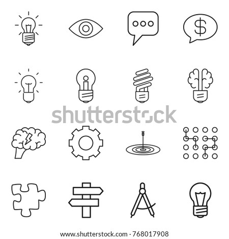 Thin line icon set : bulb, eye, message, money, brain, gear, target, chip, puzzle, singlepost, draw compass