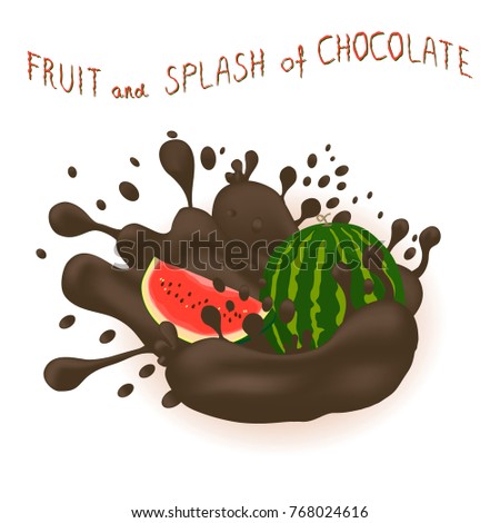 Vector icon illustration logo for ripe berry red watermelon, splash of drop brown chocolate. Watermelon pattern consisting of splashes drip flow liquid Chocolate. Eat fruits watermelons in chocolates.