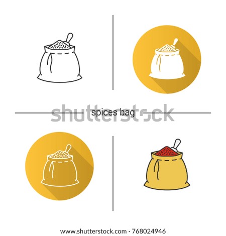 Spices bag icon. Flat design, linear and color styles. Bulk flavoring, seasoning. Isolated raster illustrations