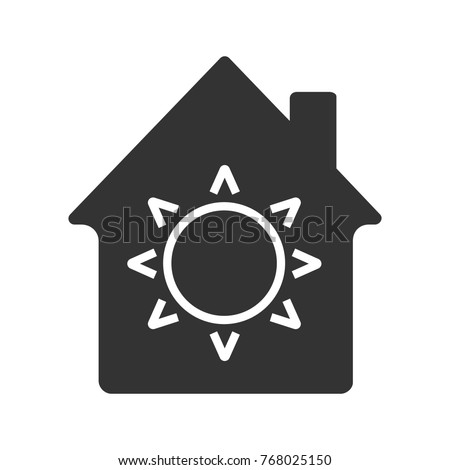House eco electrification glyph icon. Silhouette symbol. House with sun inside. Negative space. Raster isolated illustration