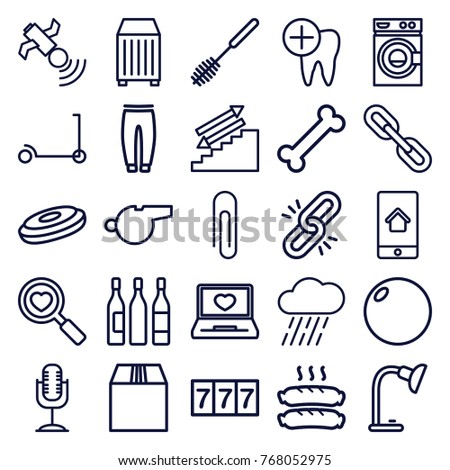 Set of 25 single outline icons such as kick scooter, 7 number, toilet brush, washing machine, underpants, paper clip, hockey puck, chain, bowling ball, stairs, bone, rain
