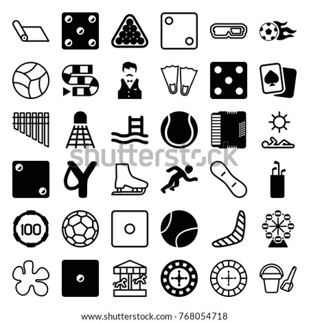Set of 36 leisure filled and outline icons such as roulette, dice, billiards, dice game, slingshot, golf putter, pool ladder, harmonic, football, running, tennis ball