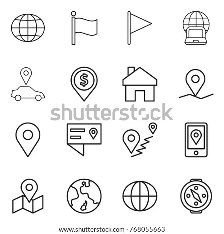 Thin line icon set : globe, flag, notebook, car pointer, dollar pin, home, geo, location details, route, mobile, map, earth, compass