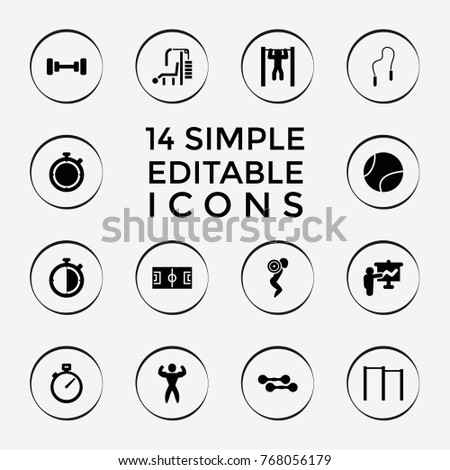 Set of 14 training filled icons such as barbell, teacher, horizontal bar, football pitch, bar   tightening, bodybuilder, skipping rope, tennis ball, stopwatch, dumbbell