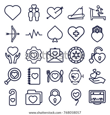 Set of 25 heart outline icons such as treadmill, spades, hearts, heart with arrow, bow, casino chip, heart search, heart with cross, gay couple