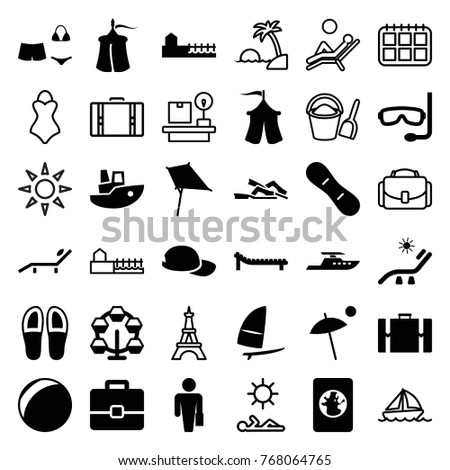 Set of 36 vacation filled and outline icons such as kite, sunbed, man with case, carousel, plastic ball, case, swimsuit, tent, avenue, snow board, windsurfing, umbrella
