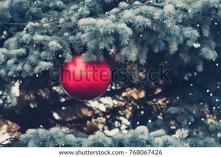 Outdoor christmas tree decorated with red balls