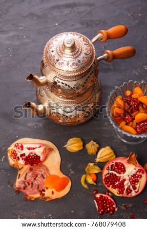 Dried fruits and coffee and tea set. Traditional oriental cuisine. Restaurant menu.