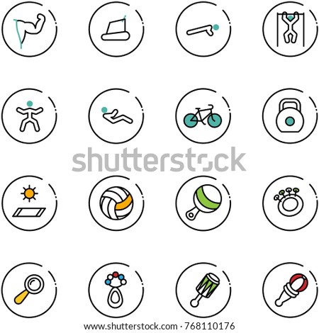 line vector icon set - power hand vector, treadmill, push ups, pull, gymnastics, abdominal muscles, bike, weight, mat, volleyball, beanbag
